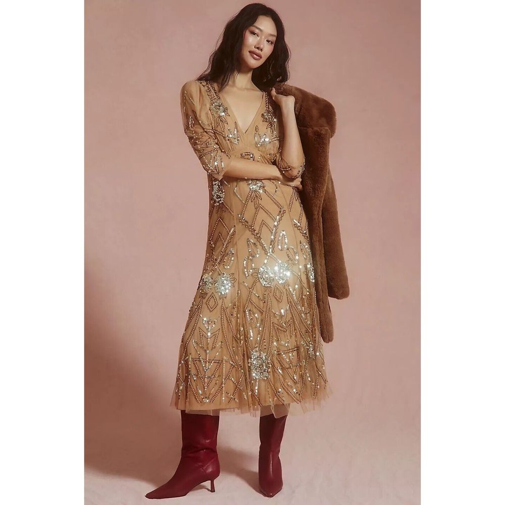 Anthropologie Let Me Be Embellished Deep-V Dress